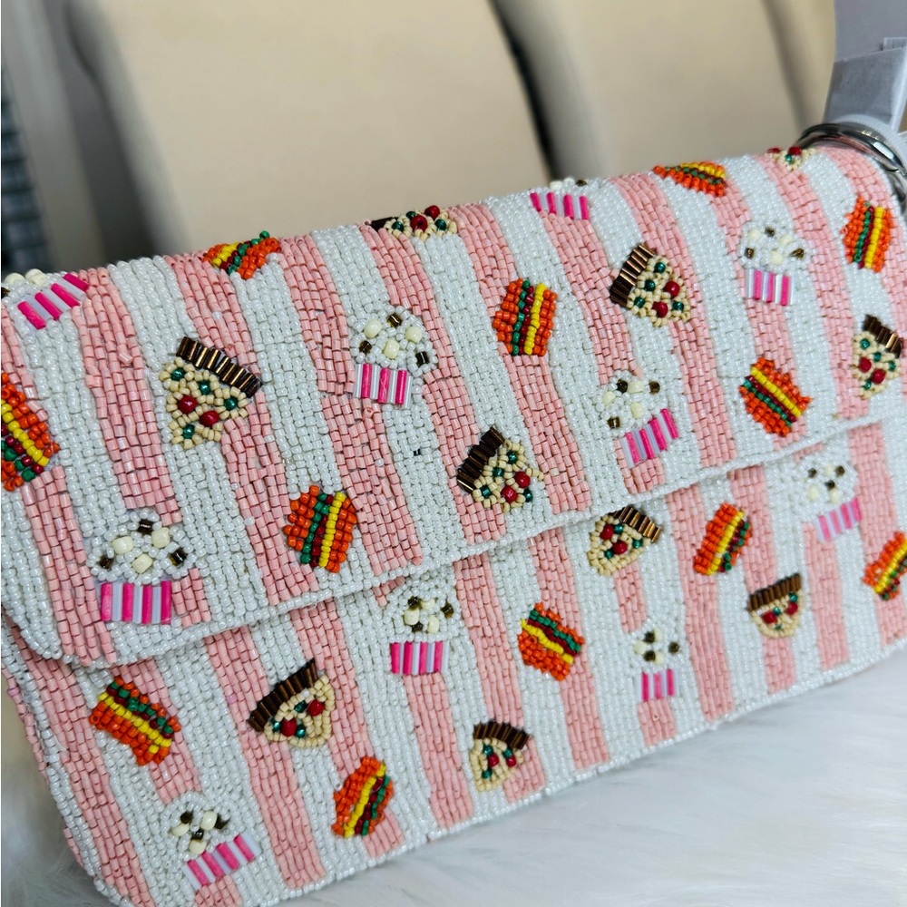 Beaded Pink and White beaded bag with fast food motif